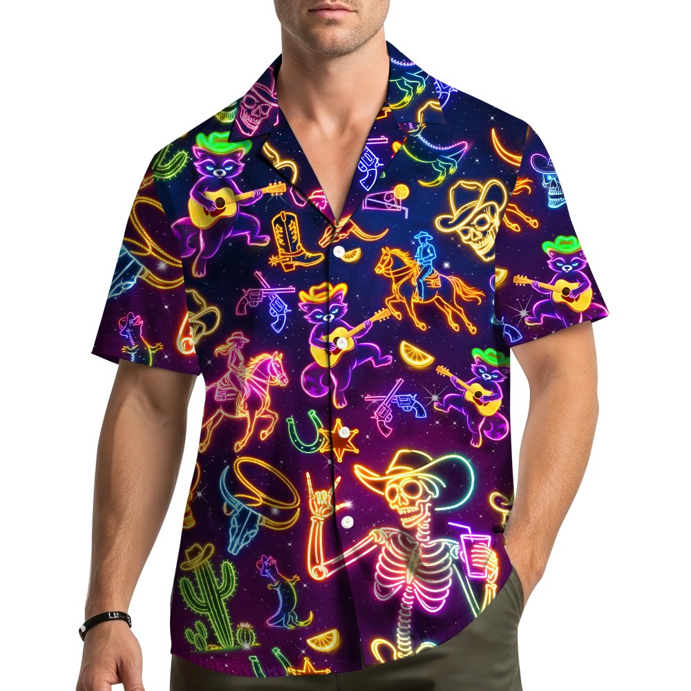 Lifestyle view of a person wearing the neon western hawaiian shirt in a casual setting