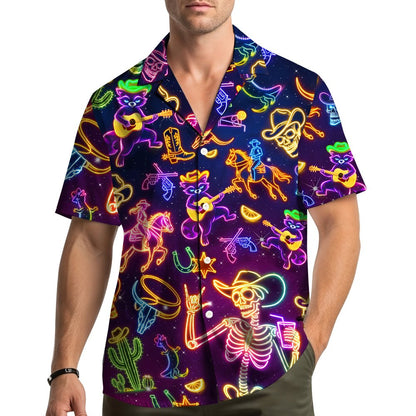 Lifestyle view of a person wearing the neon western hawaiian shirt in a casual setting