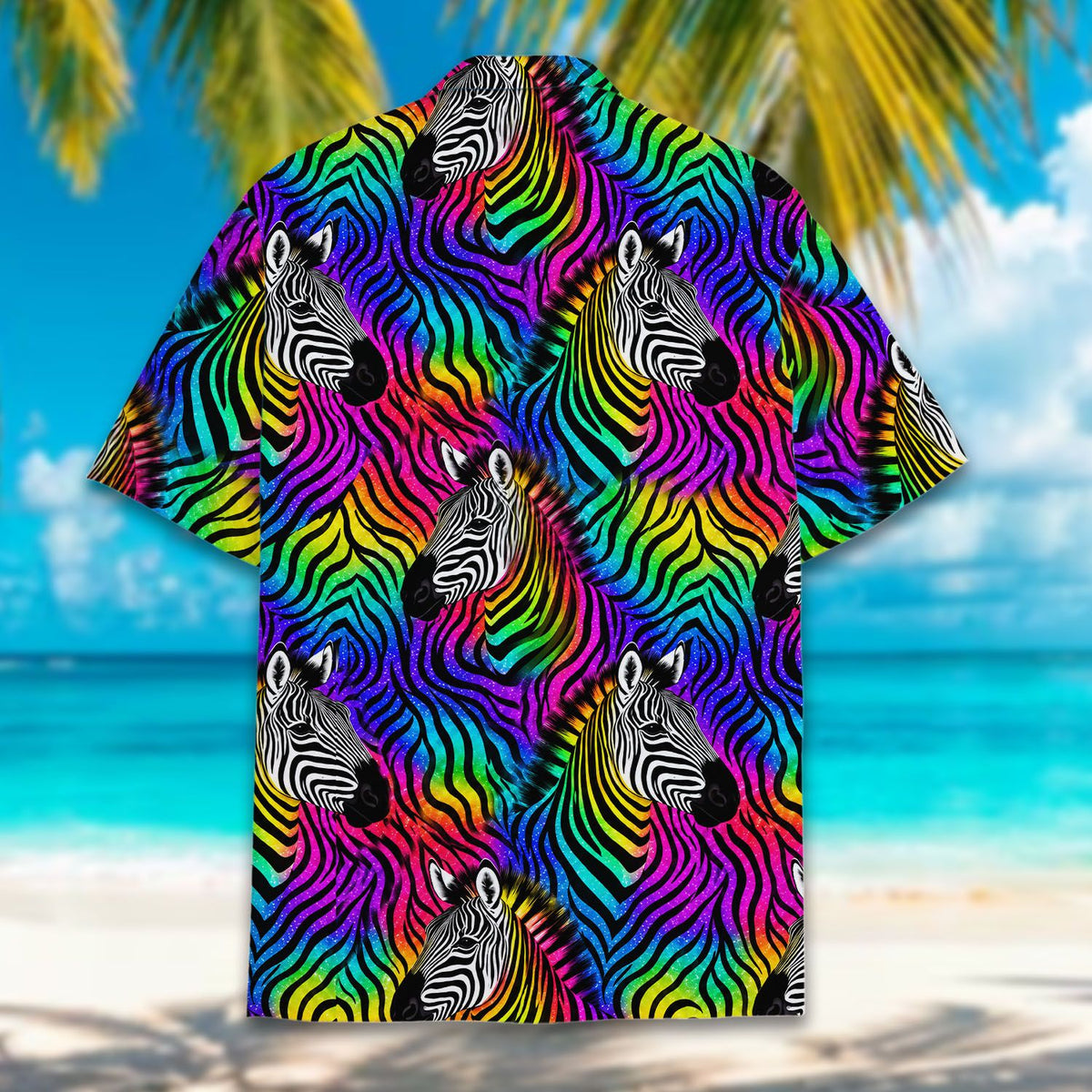 Matching family hawaiian shirts in neon zebra multicolor print, back view detail 2