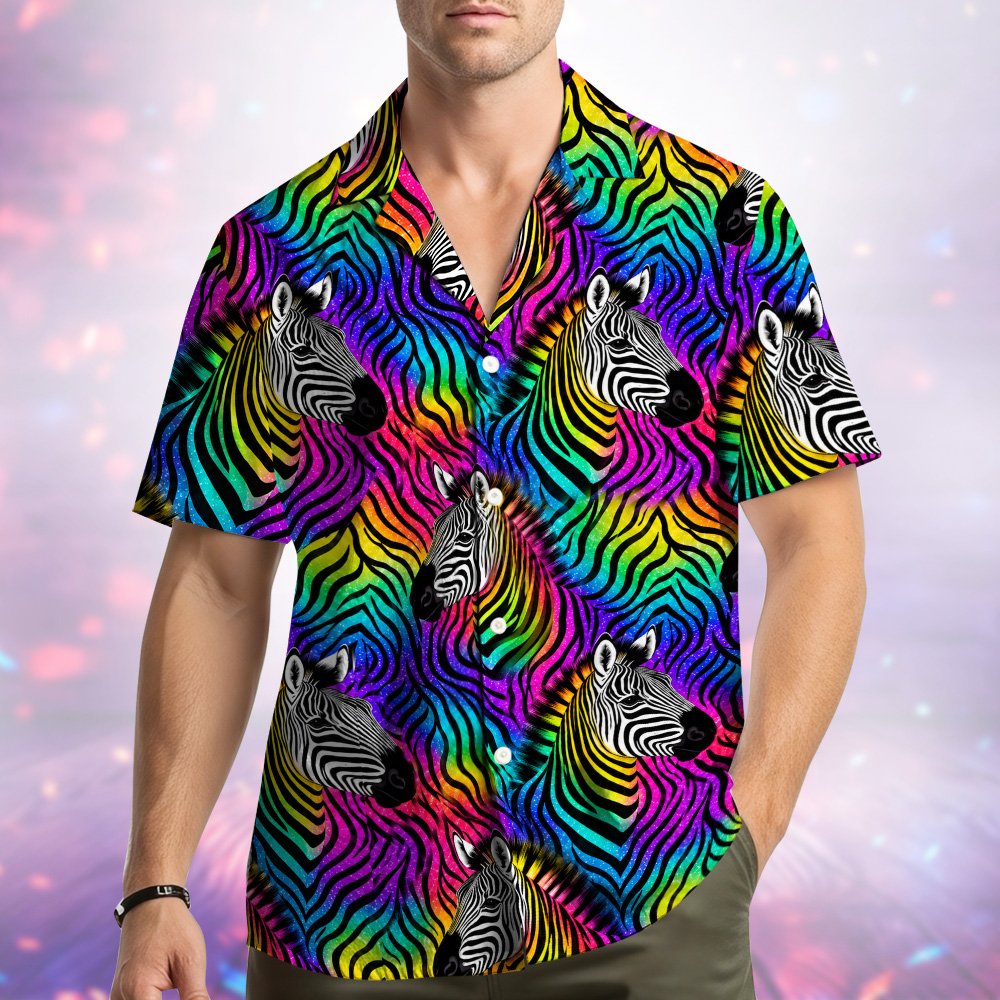 Matching family hawaiian shirts in neon zebra multicolor print, back view detail 3
