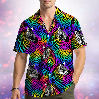 Matching family hawaiian shirts in neon zebra multicolor print, back view detail 3