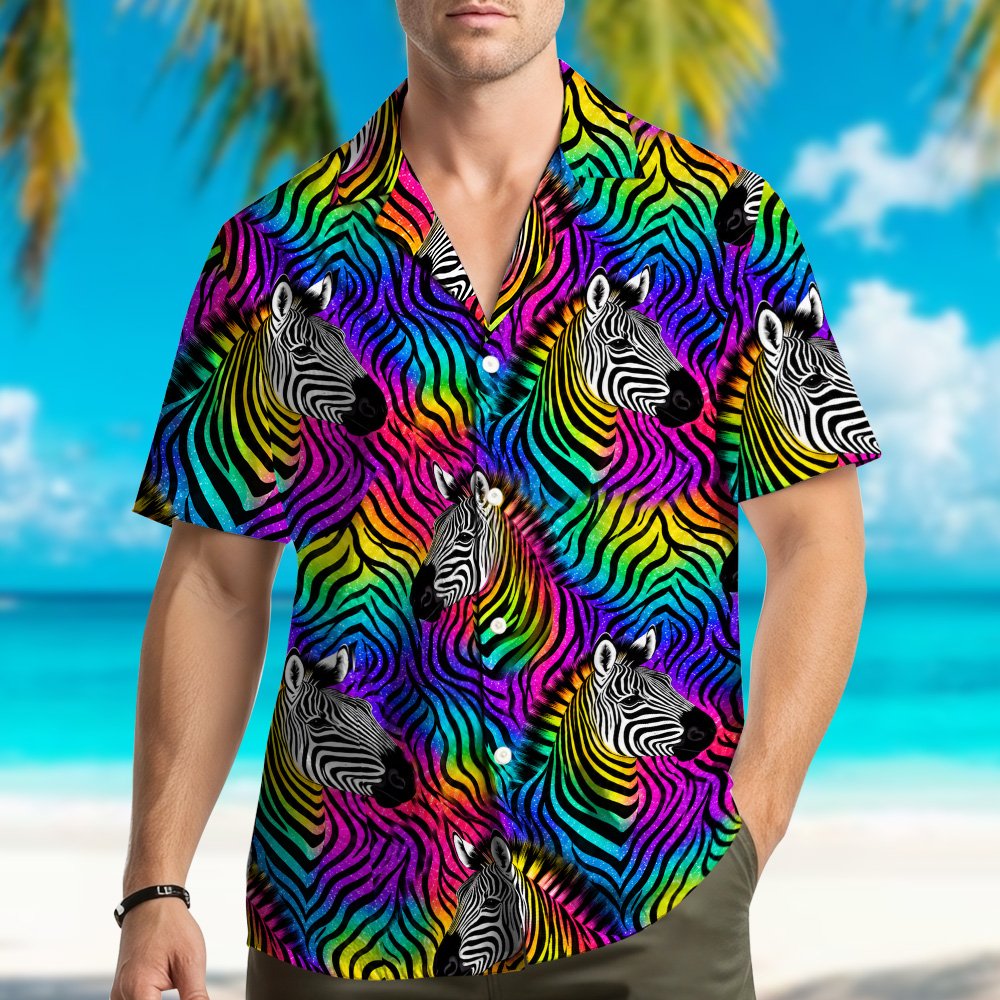 Matching family hawaiian shirts in neon zebra multicolor print, back view detail 4