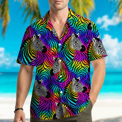 Matching family hawaiian shirts in neon zebra multicolor print, back view detail 4