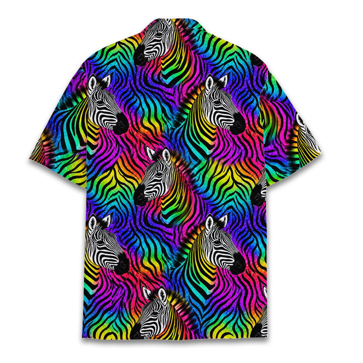 Matching family hawaiian shirts in neon zebra multicolor print, back view