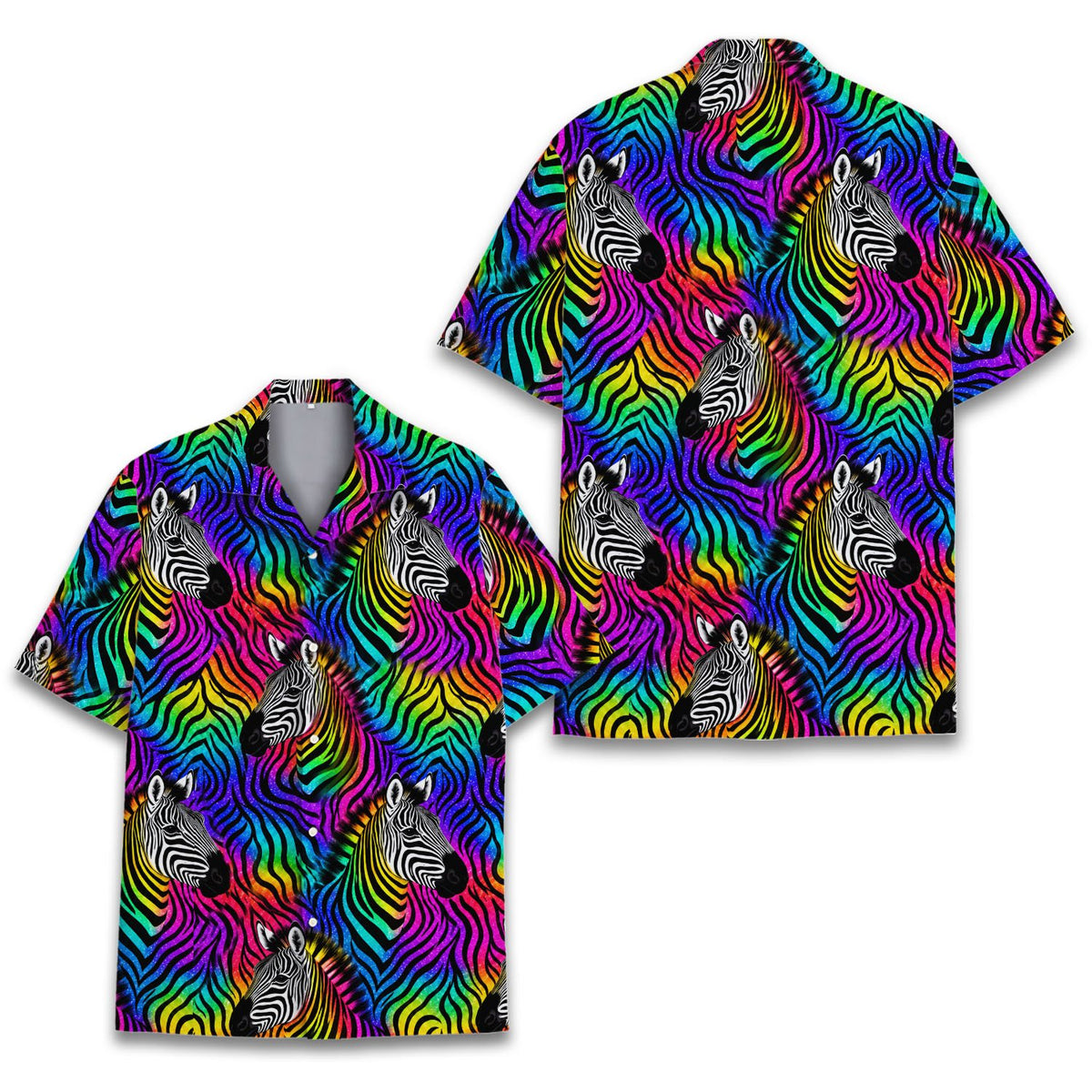 Matching family hawaiian shirts in neon zebra multicolor print, front view detail 2