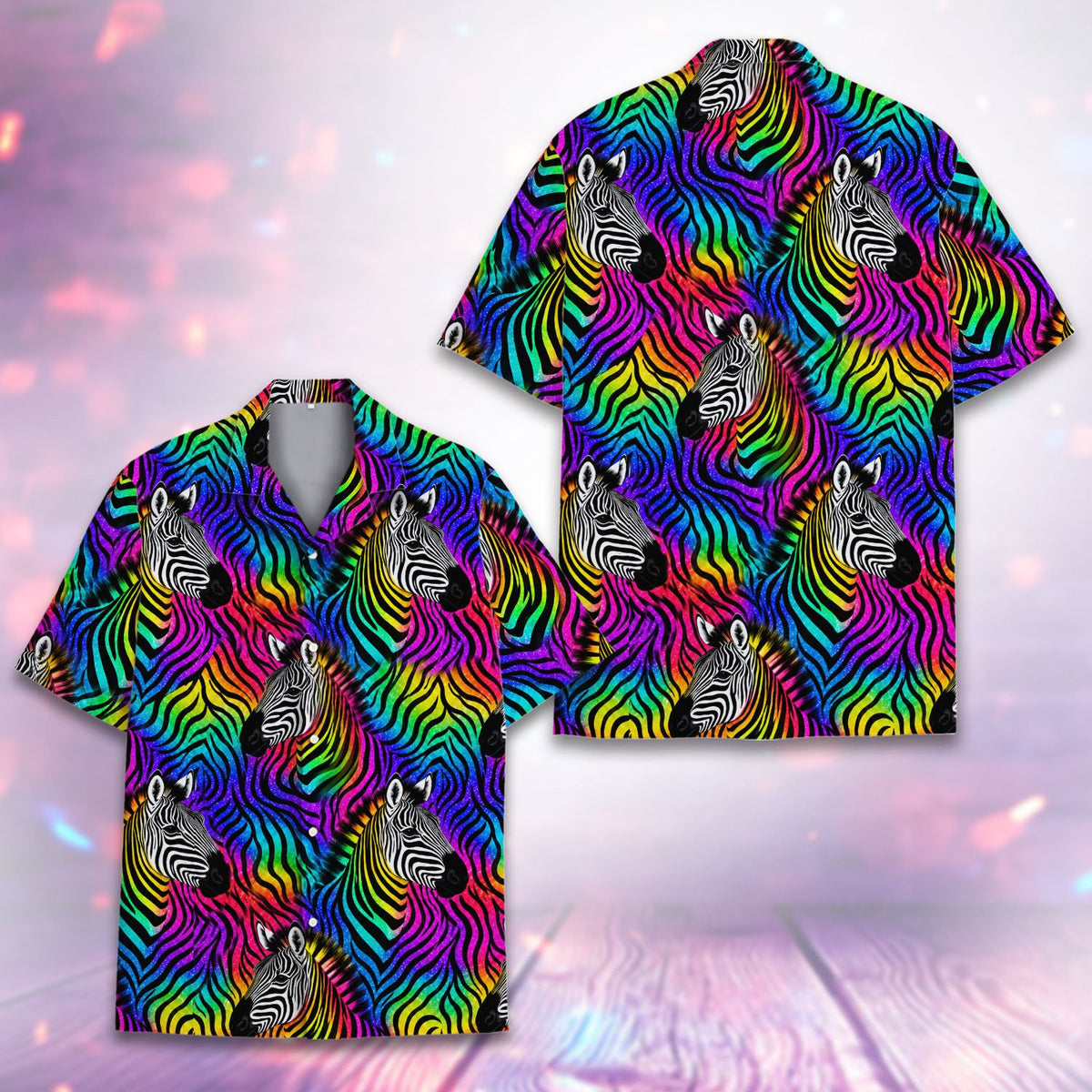 Matching family hawaiian shirts in neon zebra multicolor print, front view detail 3