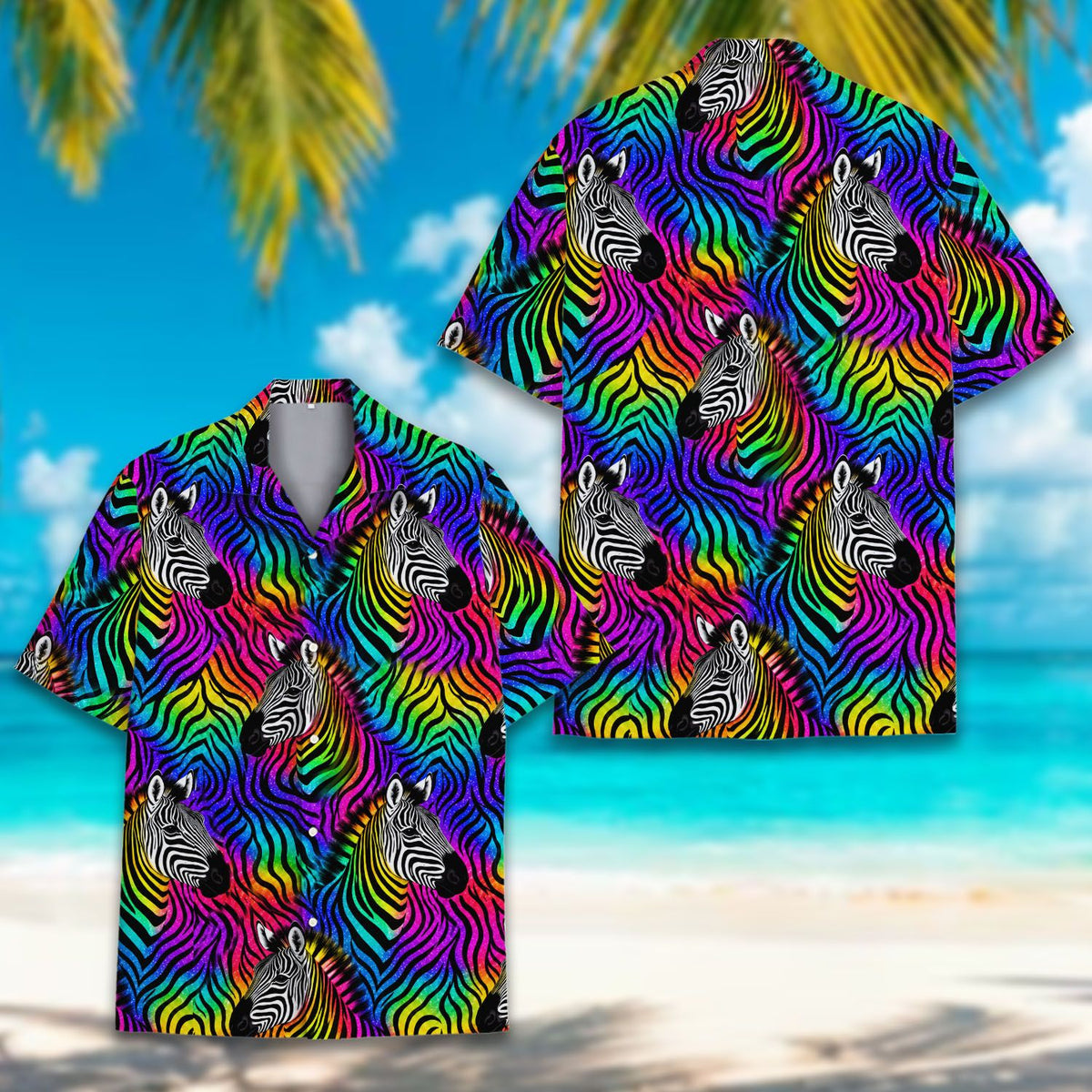 Matching family hawaiian shirts in neon zebra multicolor print, front view detail 4