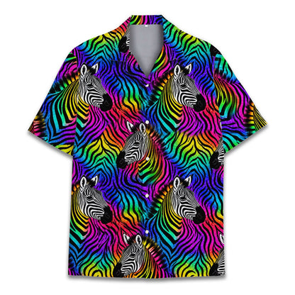 Matching family hawaiian shirts in neon zebra multicolor print, front view detail 5
