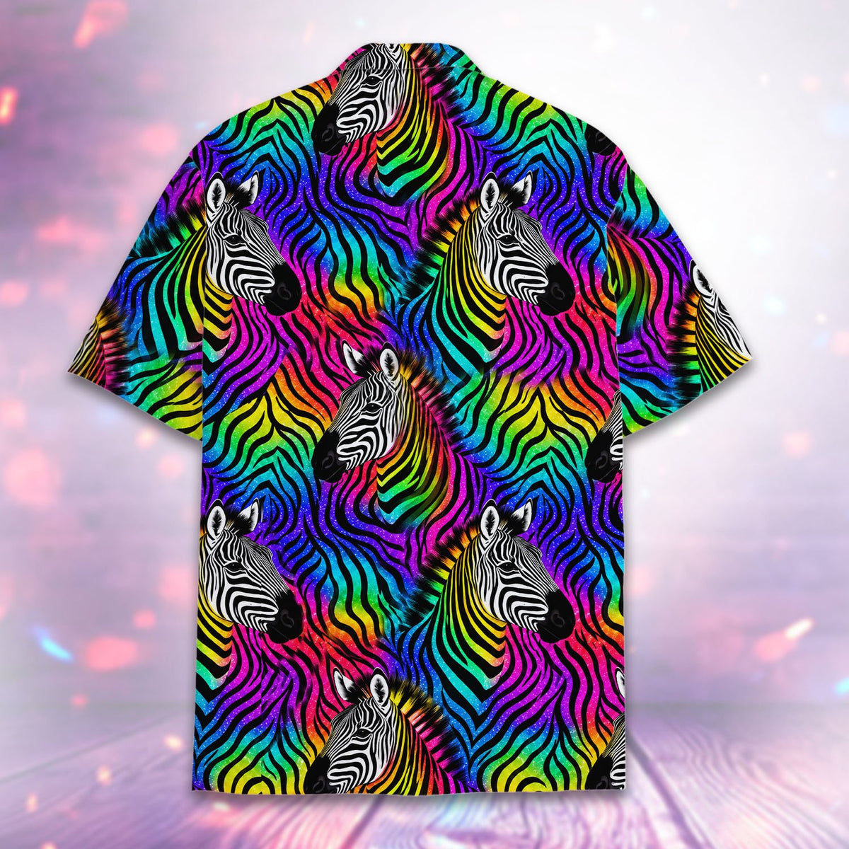 Matching family hawaiian shirts in neon zebra multicolor print, front view