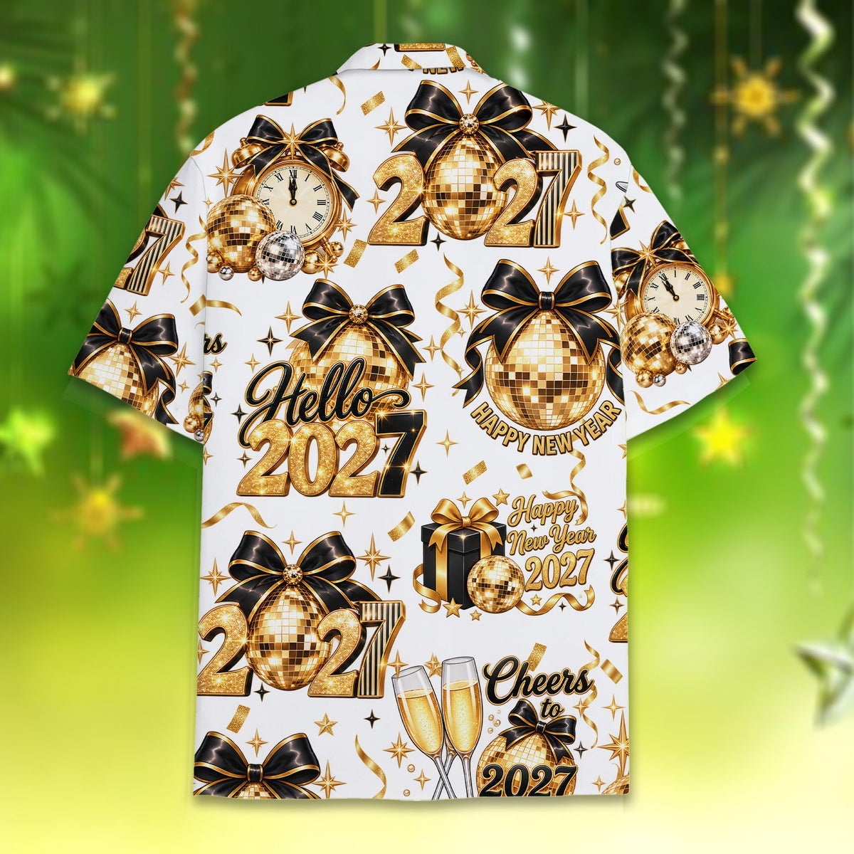 Detailed back view of the new year 2027 hawaiian shirt showing clock and confetti details
