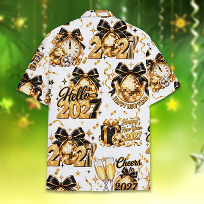 Detailed back view of the new year 2027 hawaiian shirt showing clock and confetti details