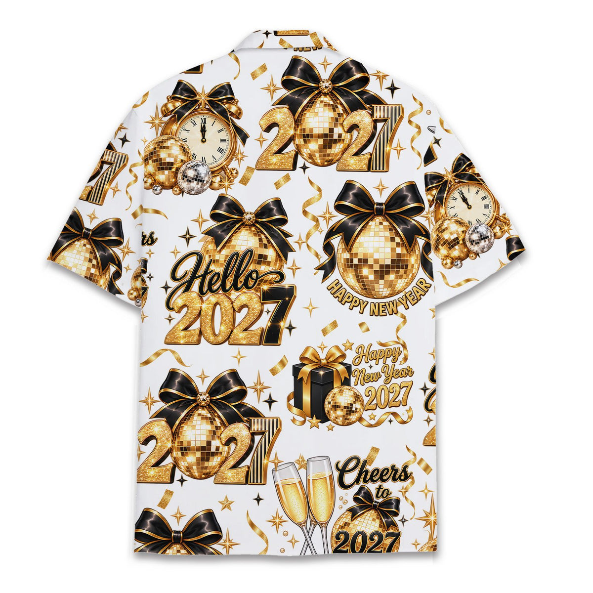 Back view of the matching family hawaiian shirts in white with new year 2027 design