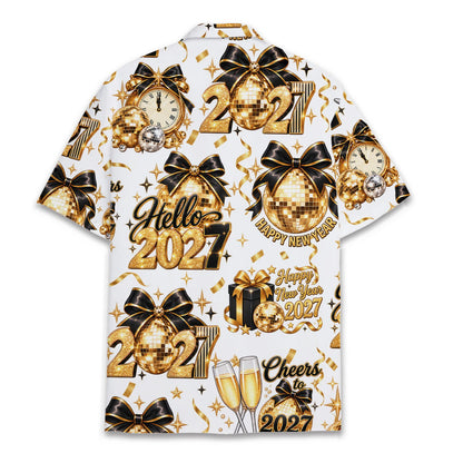 Back view of the matching family hawaiian shirts in white with new year 2027 design