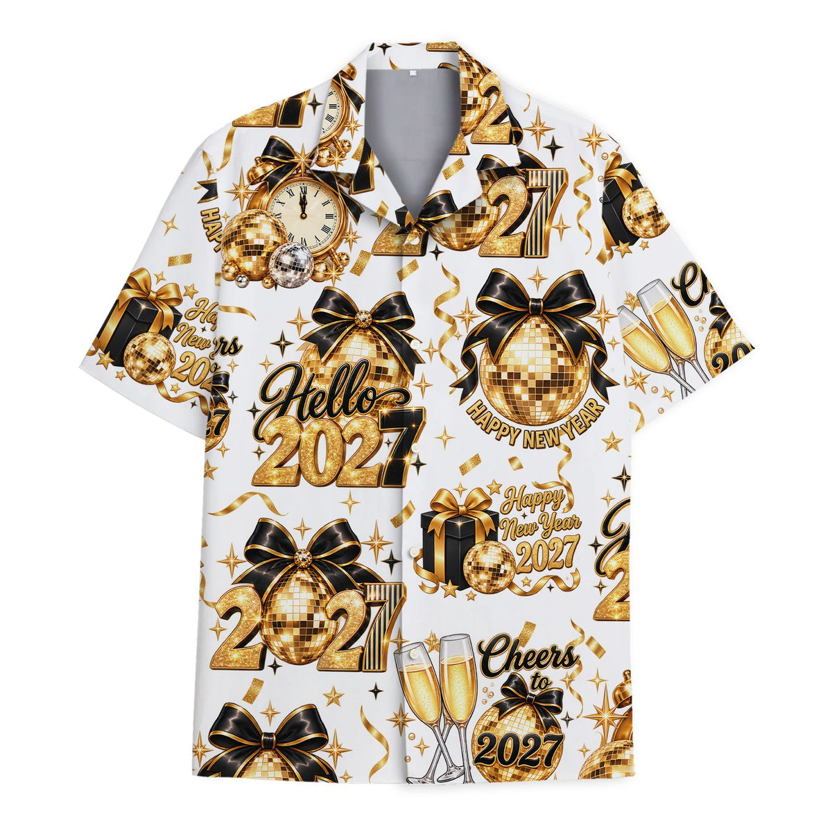 White new year 2027 hawaiian shirt featuring gold disco balls and clocks, main view