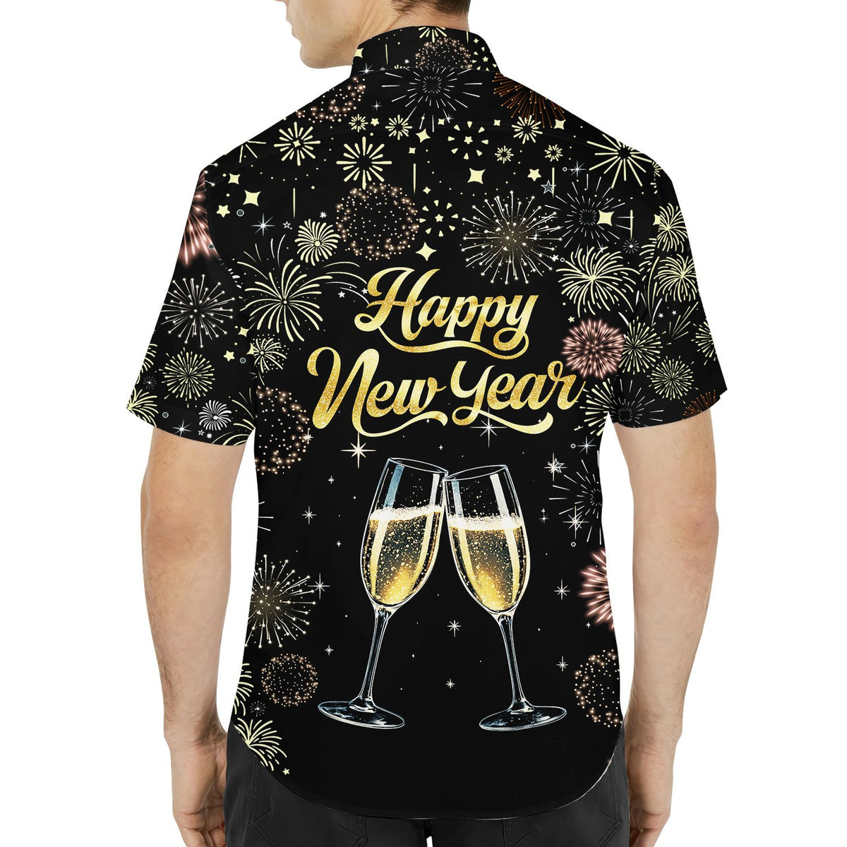 Detailed back view of the black festive hawaiian shirt