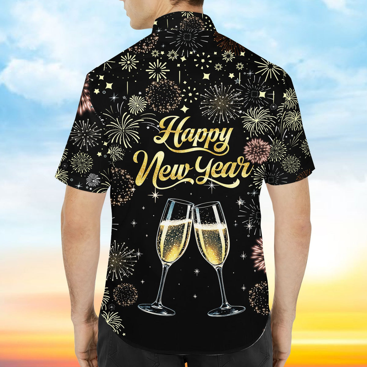 Back view of the new year hawaiian shirt showing the fireworks pattern