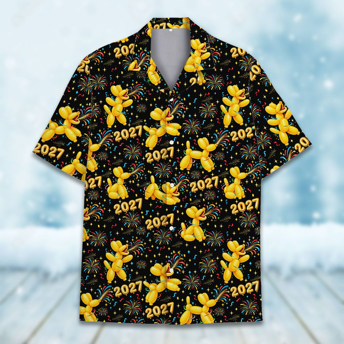 Matching family hawaiian shirts with New Year theme on black background, front view 2