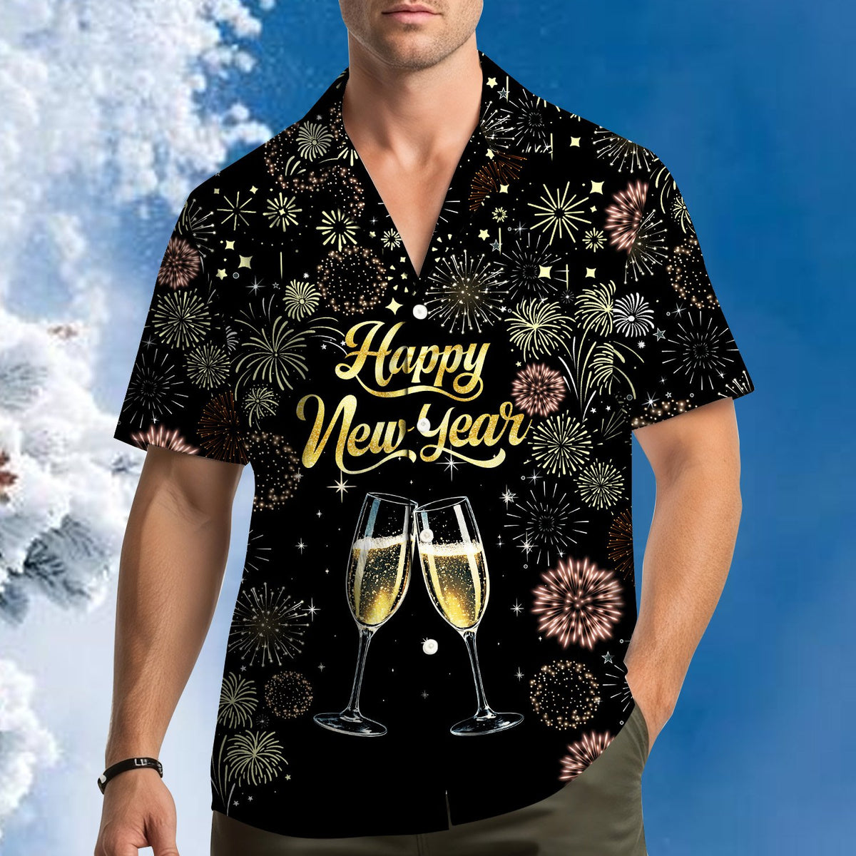 Additional front view of the festive hawaiian shirt