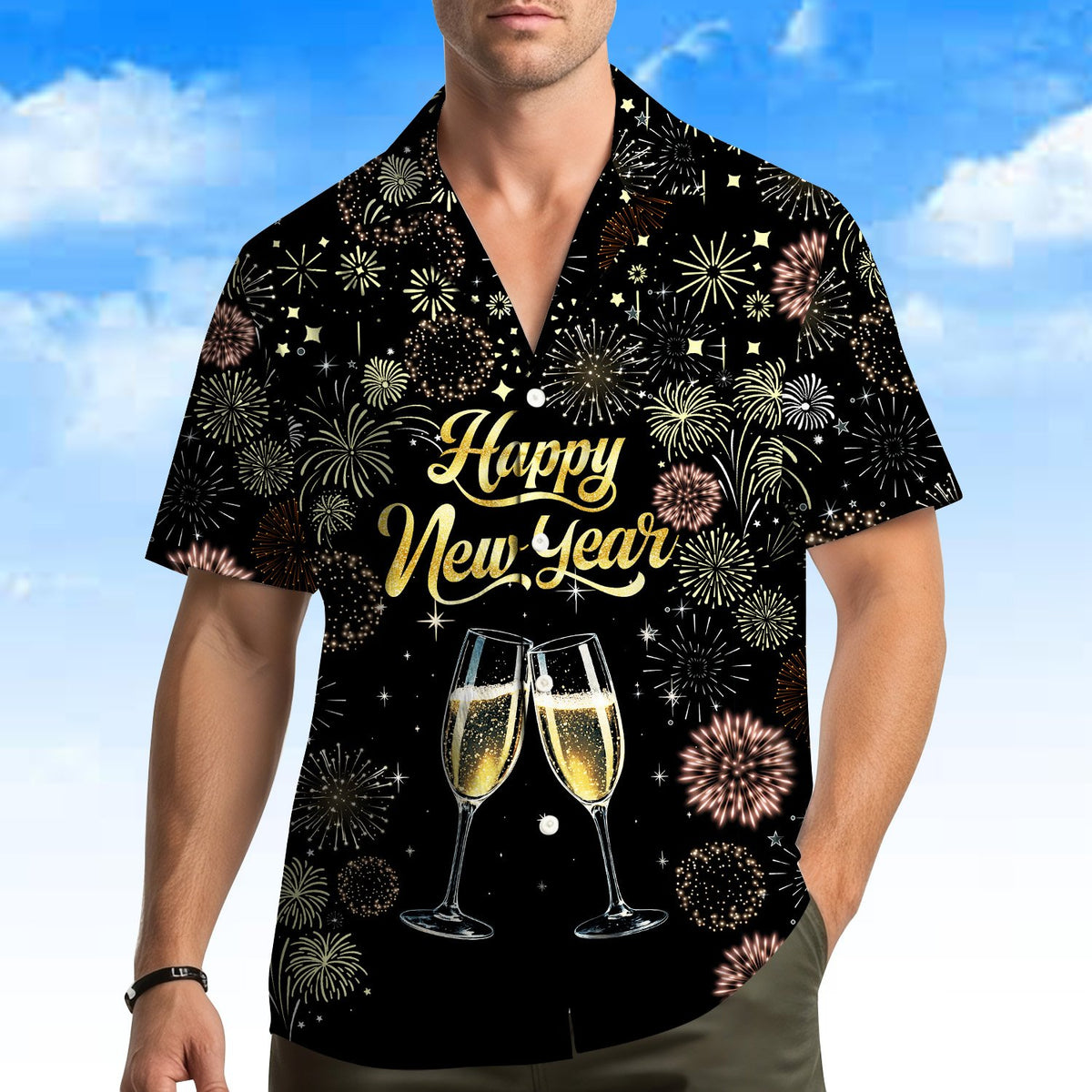 Detailed front view of the new year hawaiian shirt
