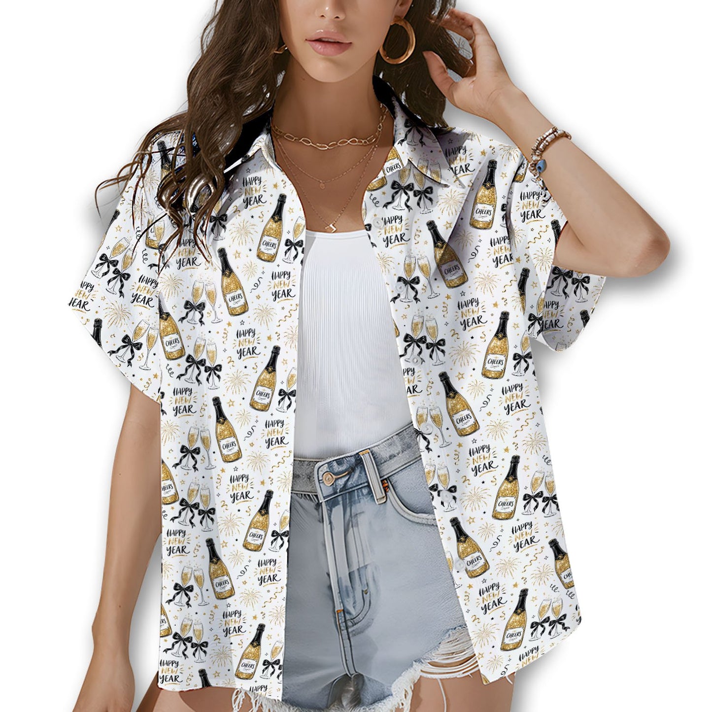 Flat front view of the matching family hawaiian shirt for new years eve
