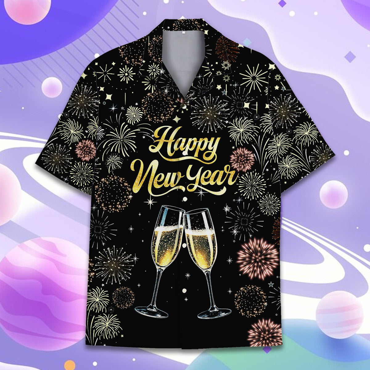 Styled front view of the holiday hawaiian shirt