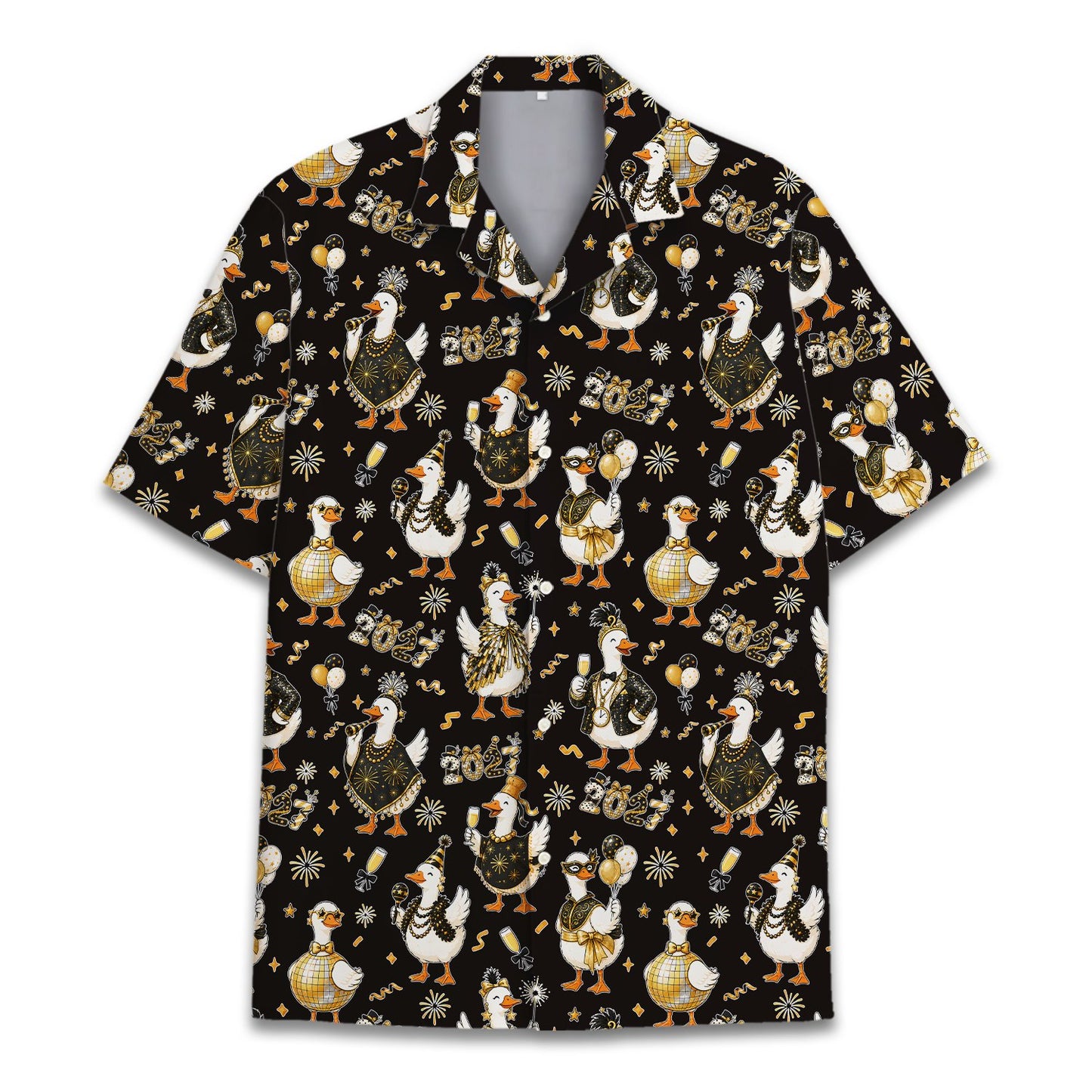 Black matching family hawaiian shirts with New Year ducks pattern, front view