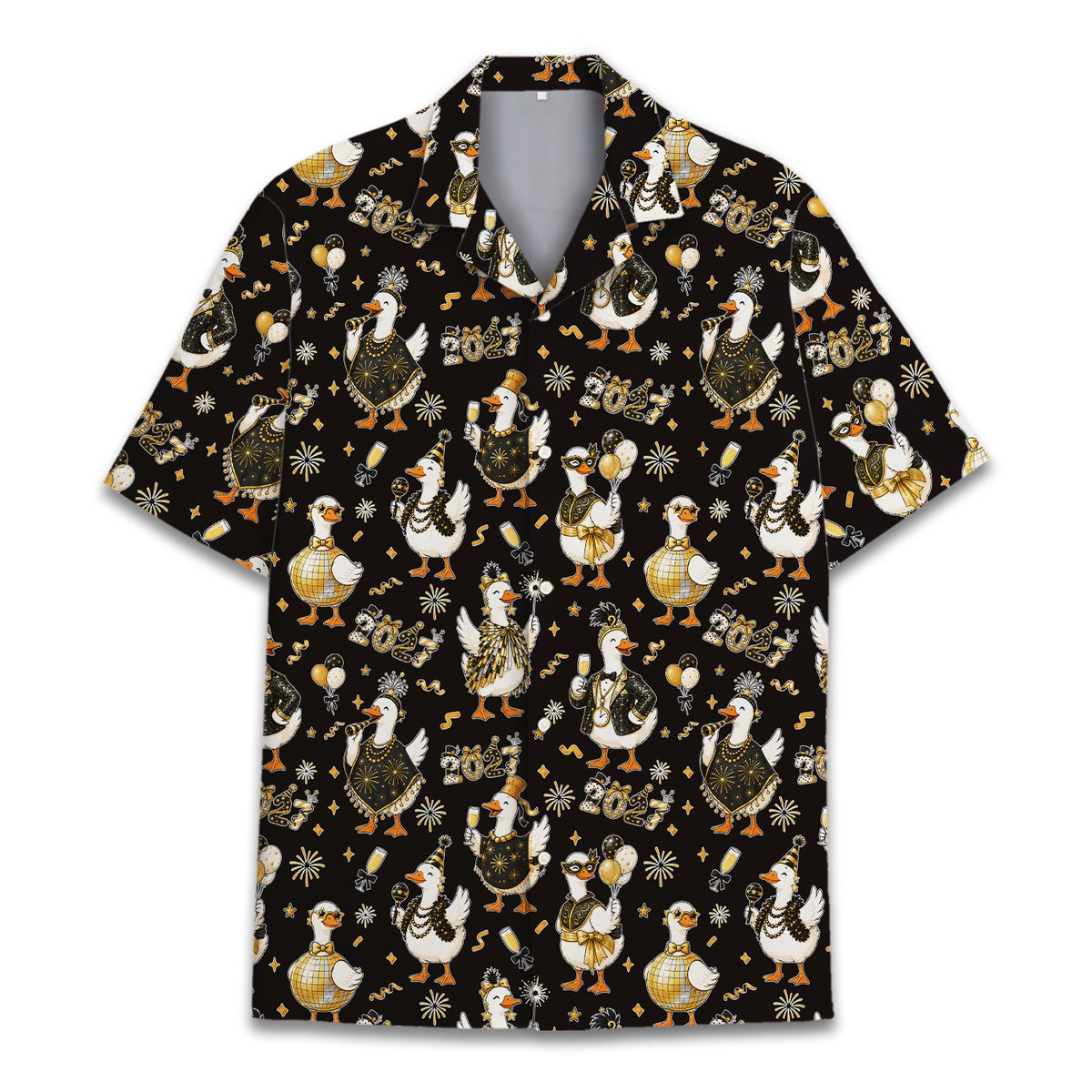 Black matching family hawaiian shirts with New Year ducks pattern, front view