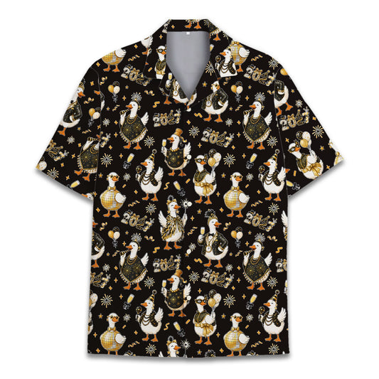 Black matching family hawaiian shirts with New Year ducks pattern, front view