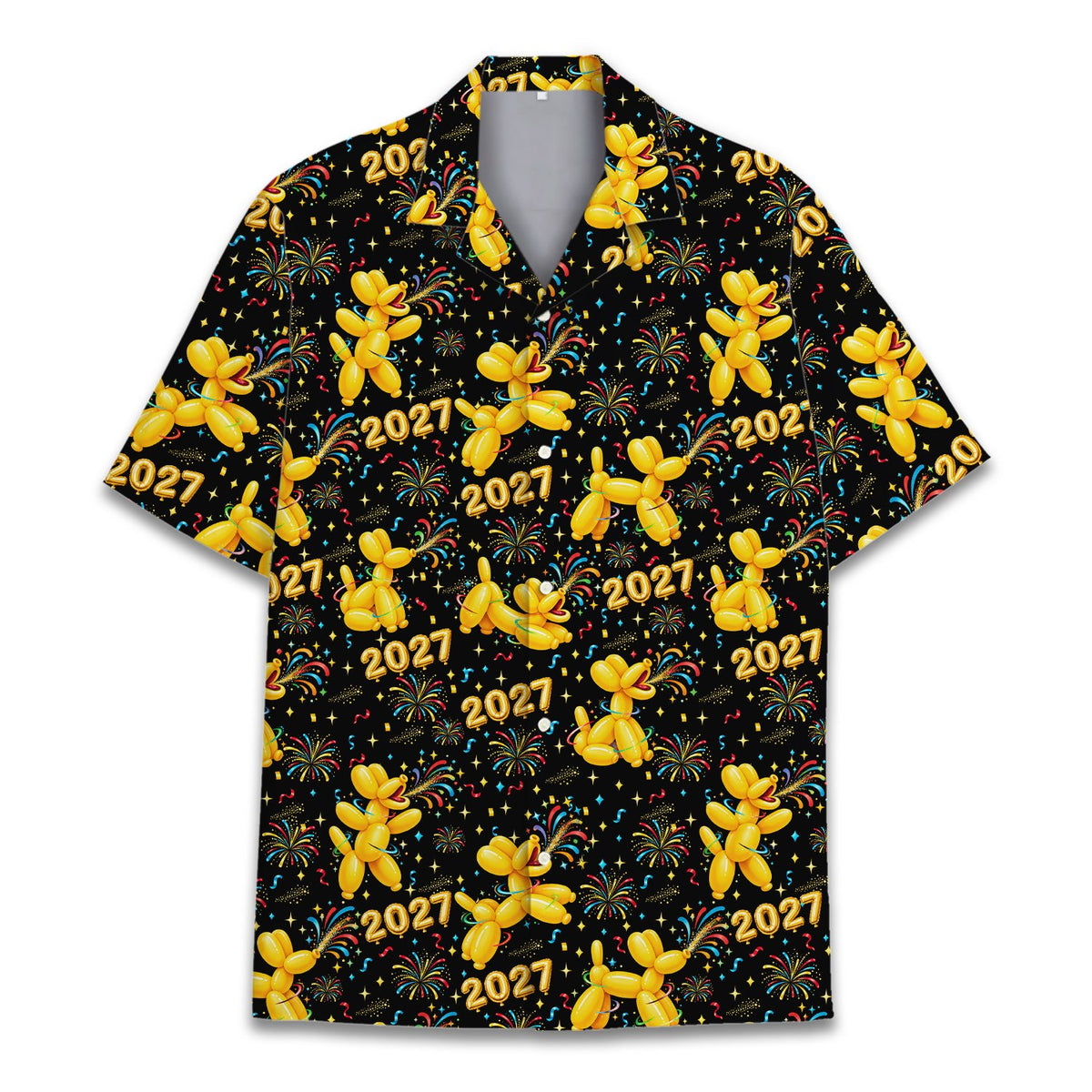 Black new hawaiian shirt for family matching with yellow balloon dogs and fireworks, main view