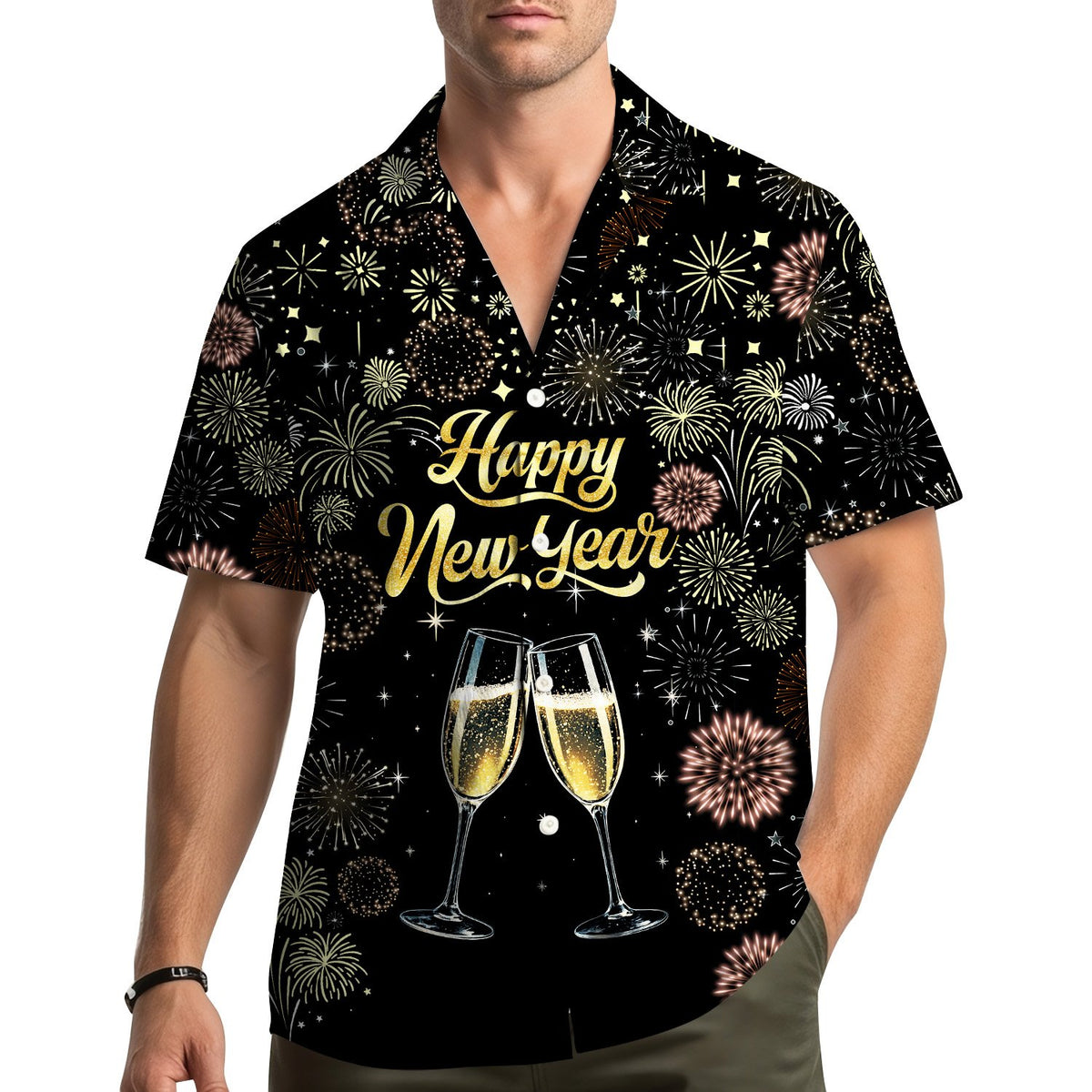 Main view of the new year hawaiian shirt featuring gold and pink fireworks on a black background