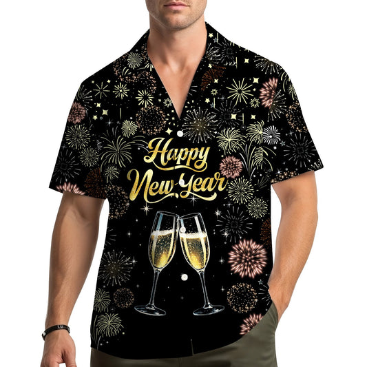 Main view of the new year hawaiian shirt featuring gold and pink fireworks on a black background