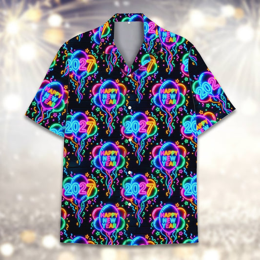 New Year Hawaiian shirt featuring neon balloons and confetti on black background, main view