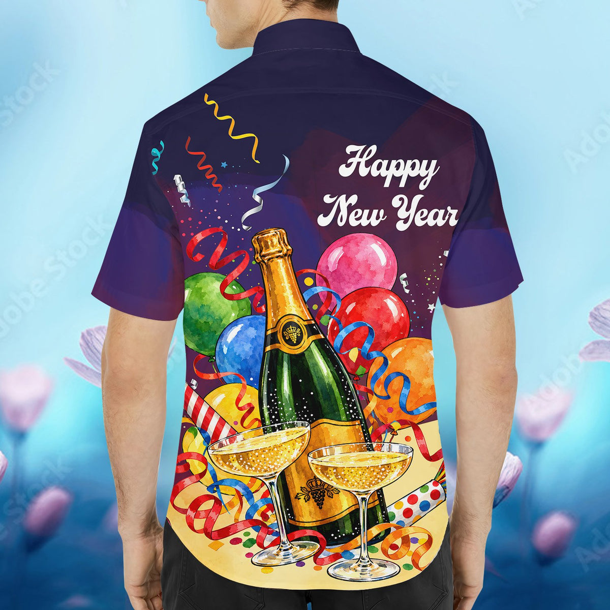 Navy blue year hawaiian shirt featuring champagne bottle, balloons and confetti print, second back view