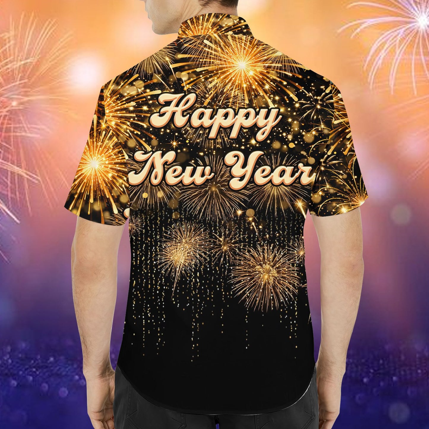 Detailed back view of Happy New Year holiday Hawaiian shirt