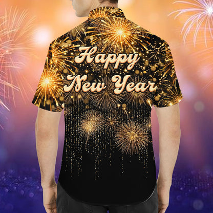 Detailed back view of Happy New Year holiday Hawaiian shirt