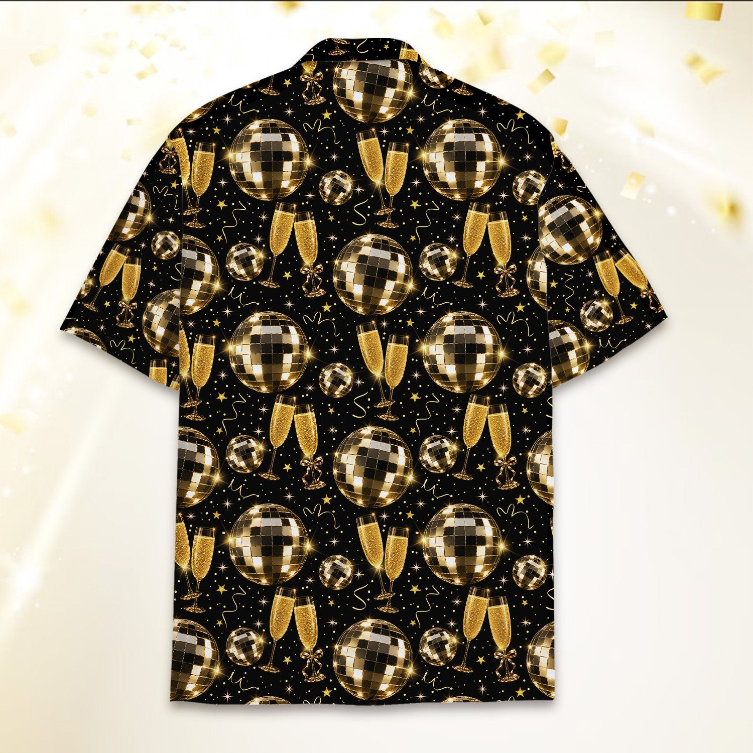 Alternative back view of the black and gold holiday hawaiian shirt