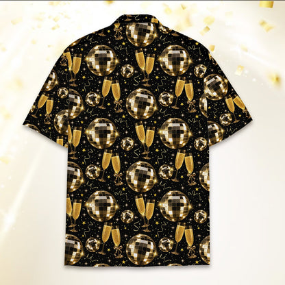 Alternative back view of the black and gold holiday hawaiian shirt