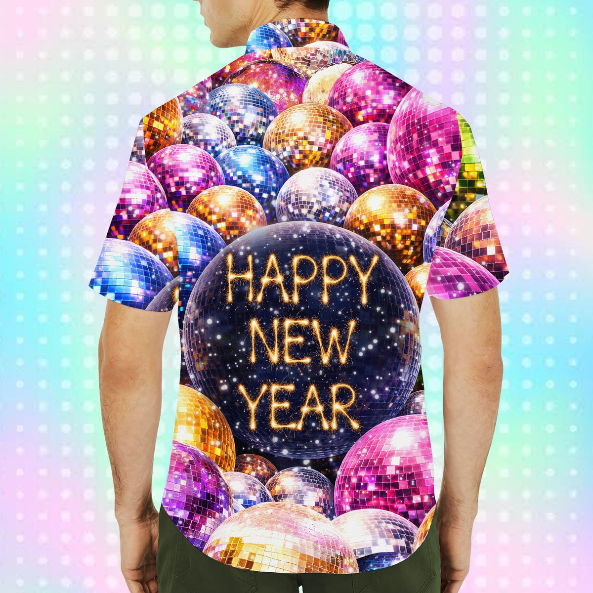 Second back view of the New Year disco ball hawaiian shirt