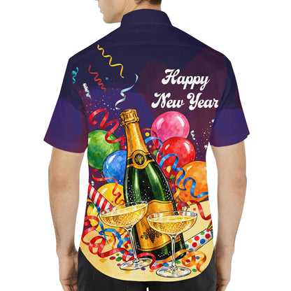 Navy blue year hawaiian shirt featuring champagne bottle, balloons and confetti print, third back view