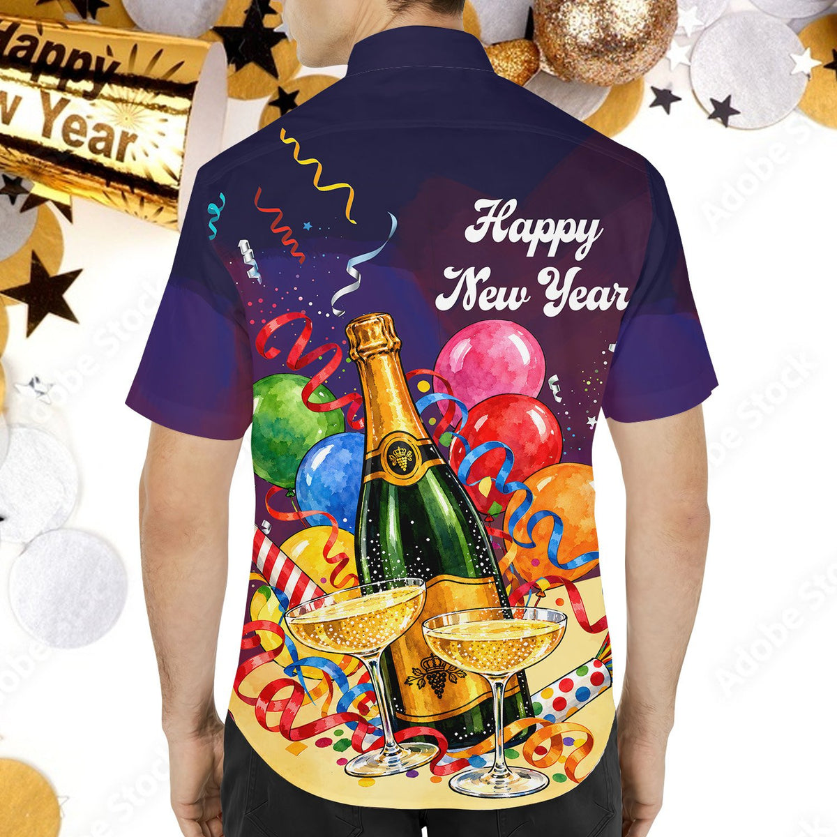Navy blue year hawaiian shirt featuring champagne bottle, balloons and confetti print, fourth back view
