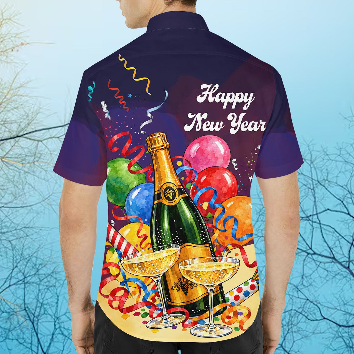 Navy blue year hawaiian shirt featuring champagne bottle, balloons and confetti print, back view