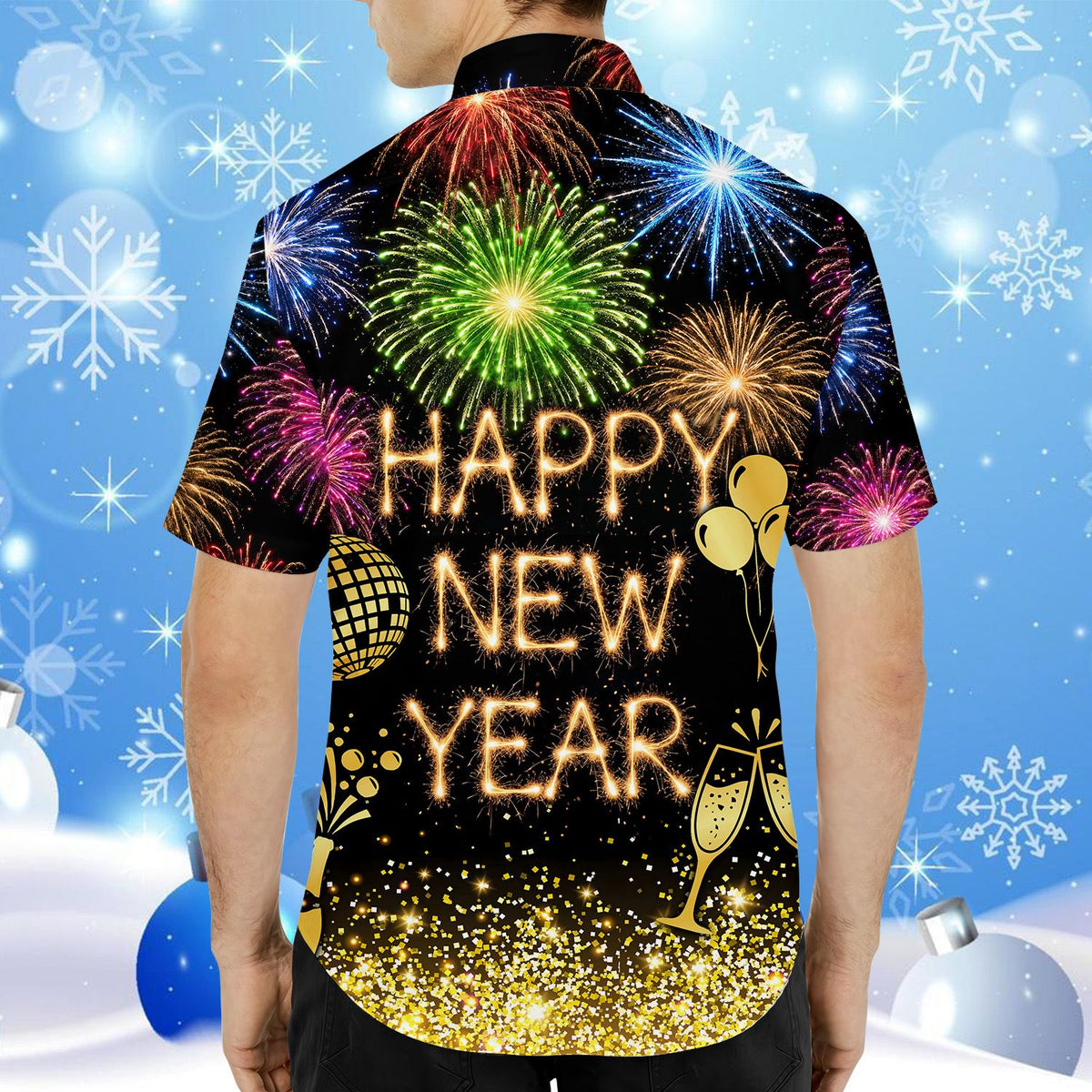 Back view of the matching family hawaiian shirts featuring a large new year design