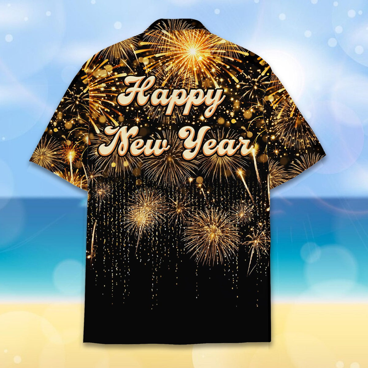 Back view of new Hawaiian shirt displaying Happy New Year text