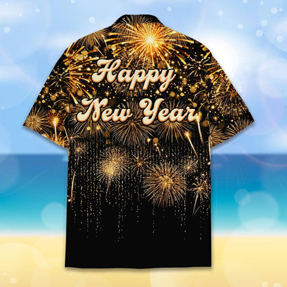Back view of new Hawaiian shirt displaying Happy New Year text