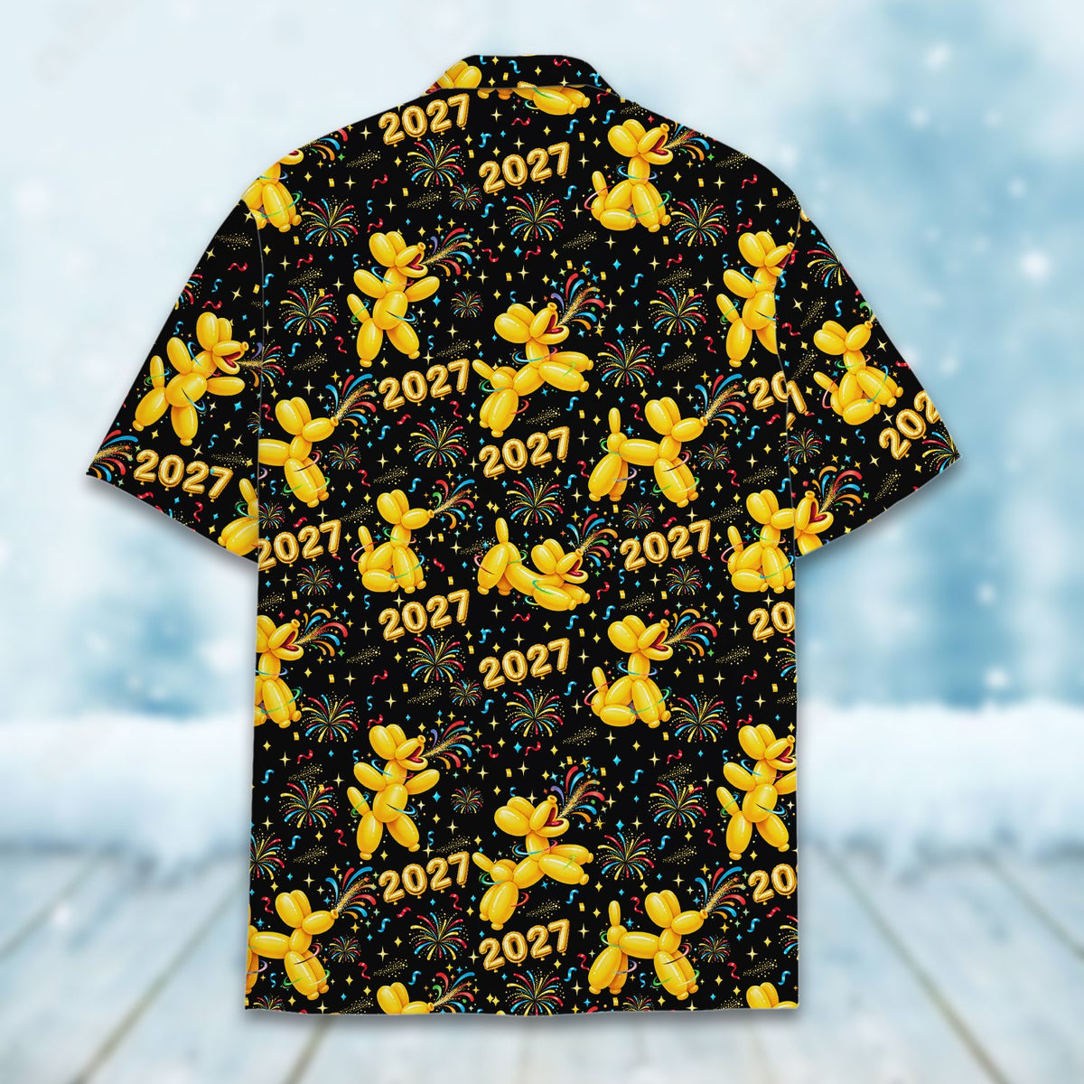 Back view of black and yellow New Year hawaiian shirt with fireworks design
