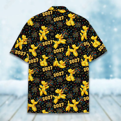 Back view of black and yellow New Year hawaiian shirt with fireworks design