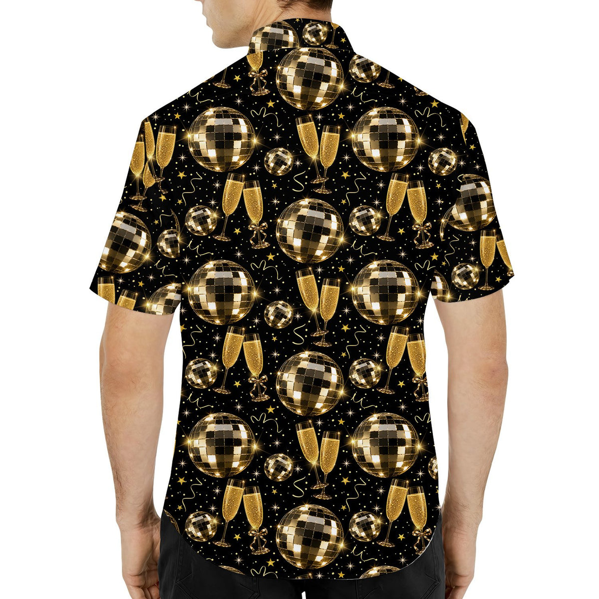 Back view of the matching family hawaiian shirt featuring golden stars and confetti