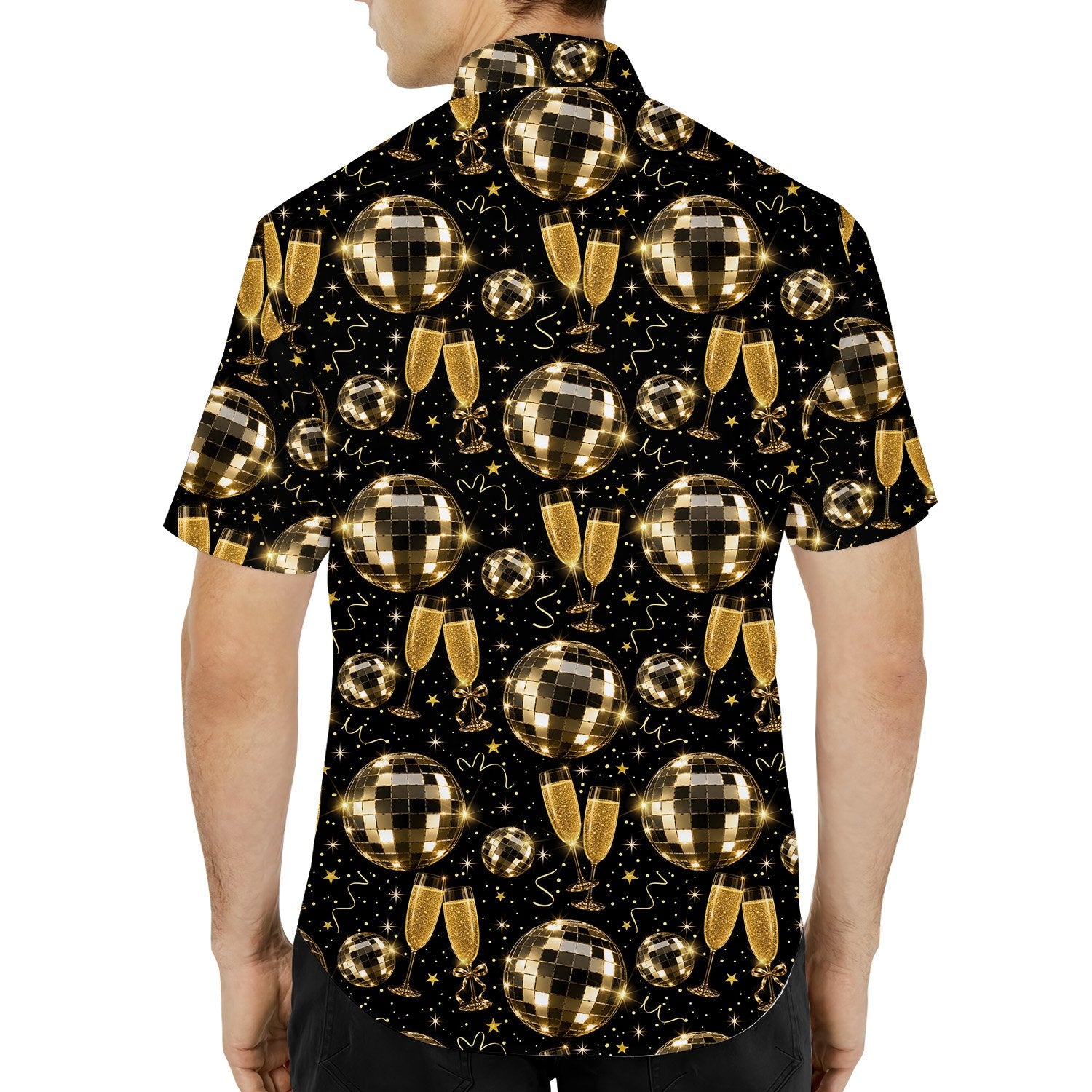 Back view of the matching family hawaiian shirt featuring golden stars and confetti