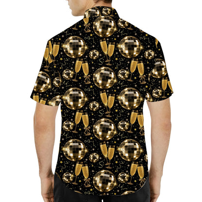 Back view of the matching family hawaiian shirt featuring golden stars and confetti