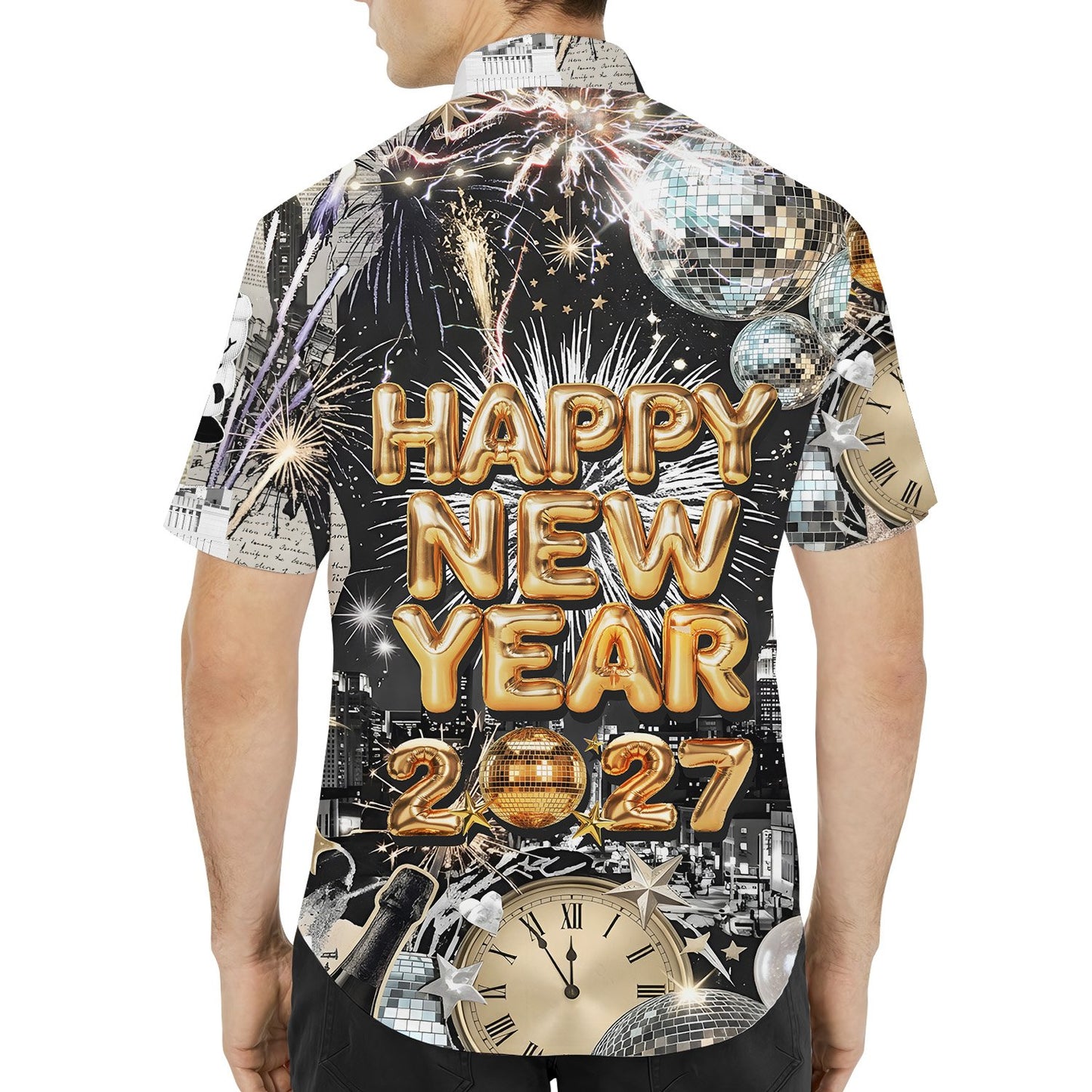 Back view of the matching family hawaiian shirt with fireworks and clocks design